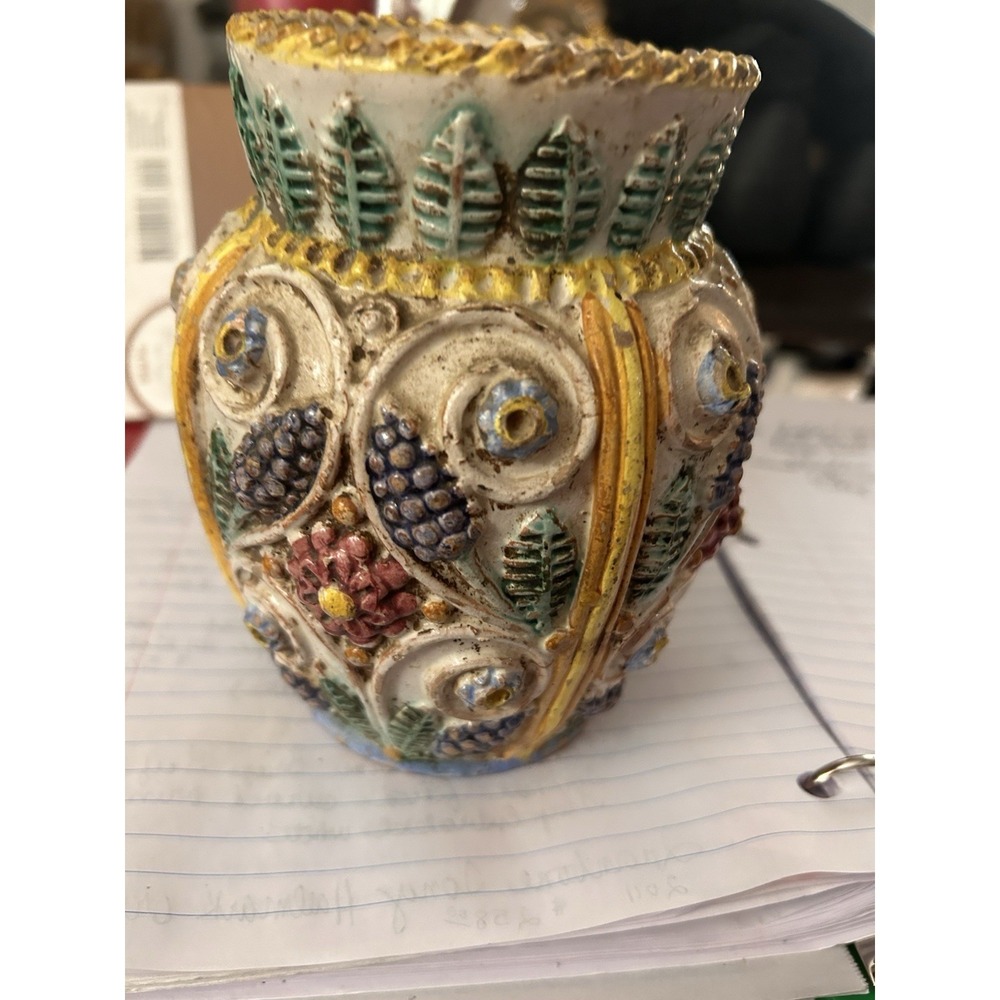 Embossed Majolica Vase, A Type Of Tin Glazed Earthenware,‎ Made In Italy Vintage